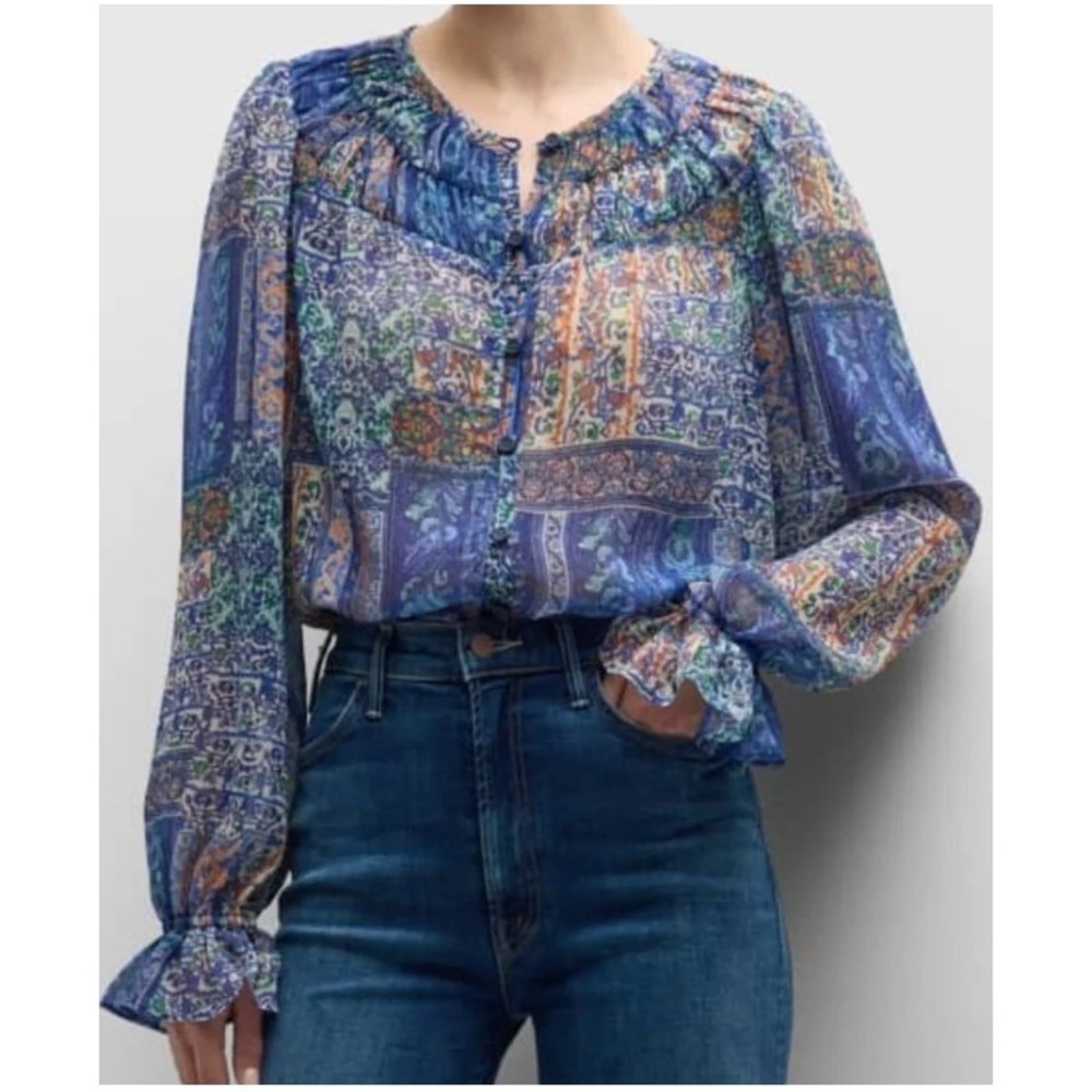 Ramy Brook Blue Patchwork Paisley Metallic Sheer Ruffle Blouse Small